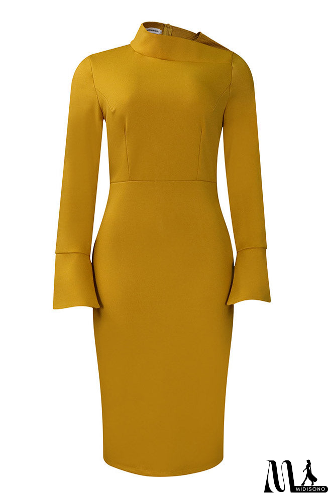 MidiSono - Knee Length Gold Long Sleeve Office Dress