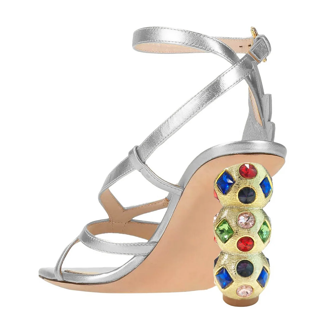Silver Sculptural Heel Cross Ankle Strap Rhinestone Women's Sandals