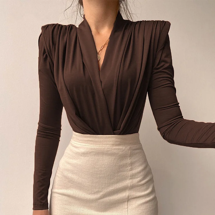 Solid Shoulder Pad Ruched Bodysuit