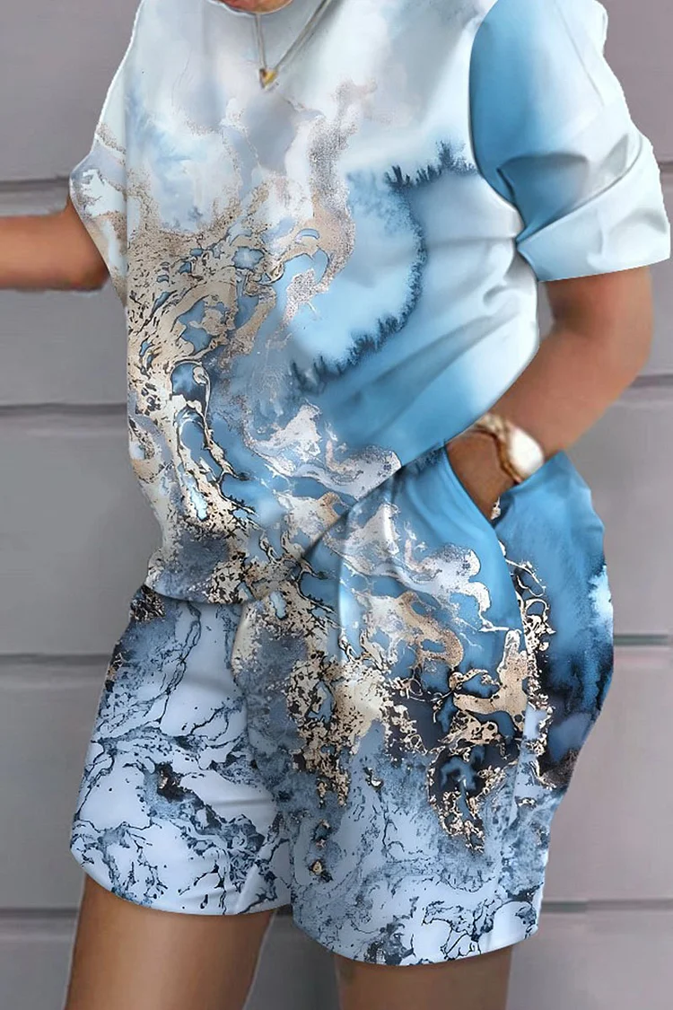 Water Blue Casual Print Patchwork O Neck Short Sleeve Two Pieces
