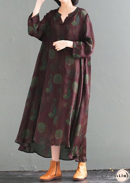 Women Oversized Chinese Button Print Silk Long Dress Fall
