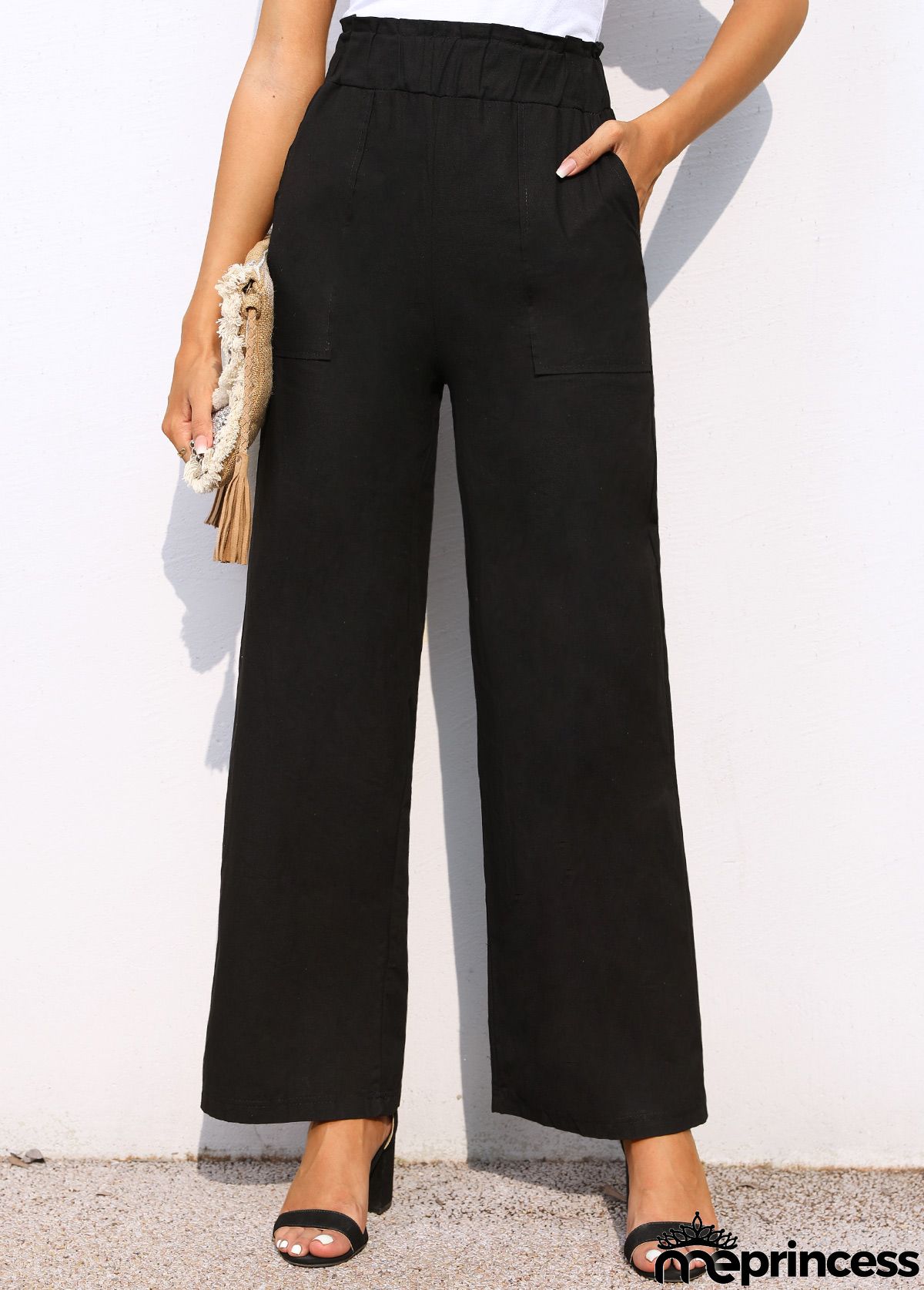 Black Pocket Wide Leg Elastic Waist Pants