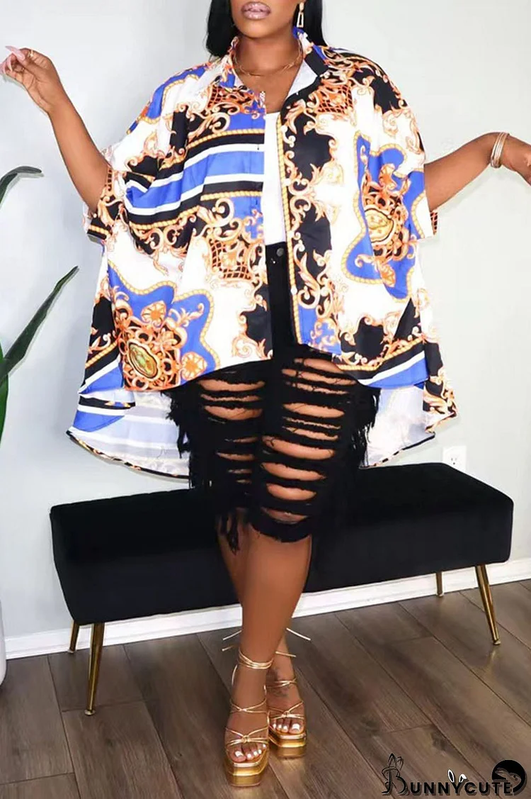 Blue Casual Print Split Joint Buckle Turndown Collar Tops