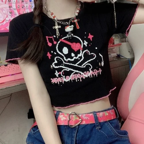 Brownm Brownm Top Female 2024 Summer Hot Girls Ins Harajuku Dark Cartoon Print Round Collar Short Sleeve Crop T-Shirt Fashion