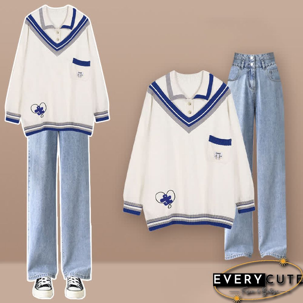 Colorblock Polo Knit Sweater Denim Pants Two Pieces Set