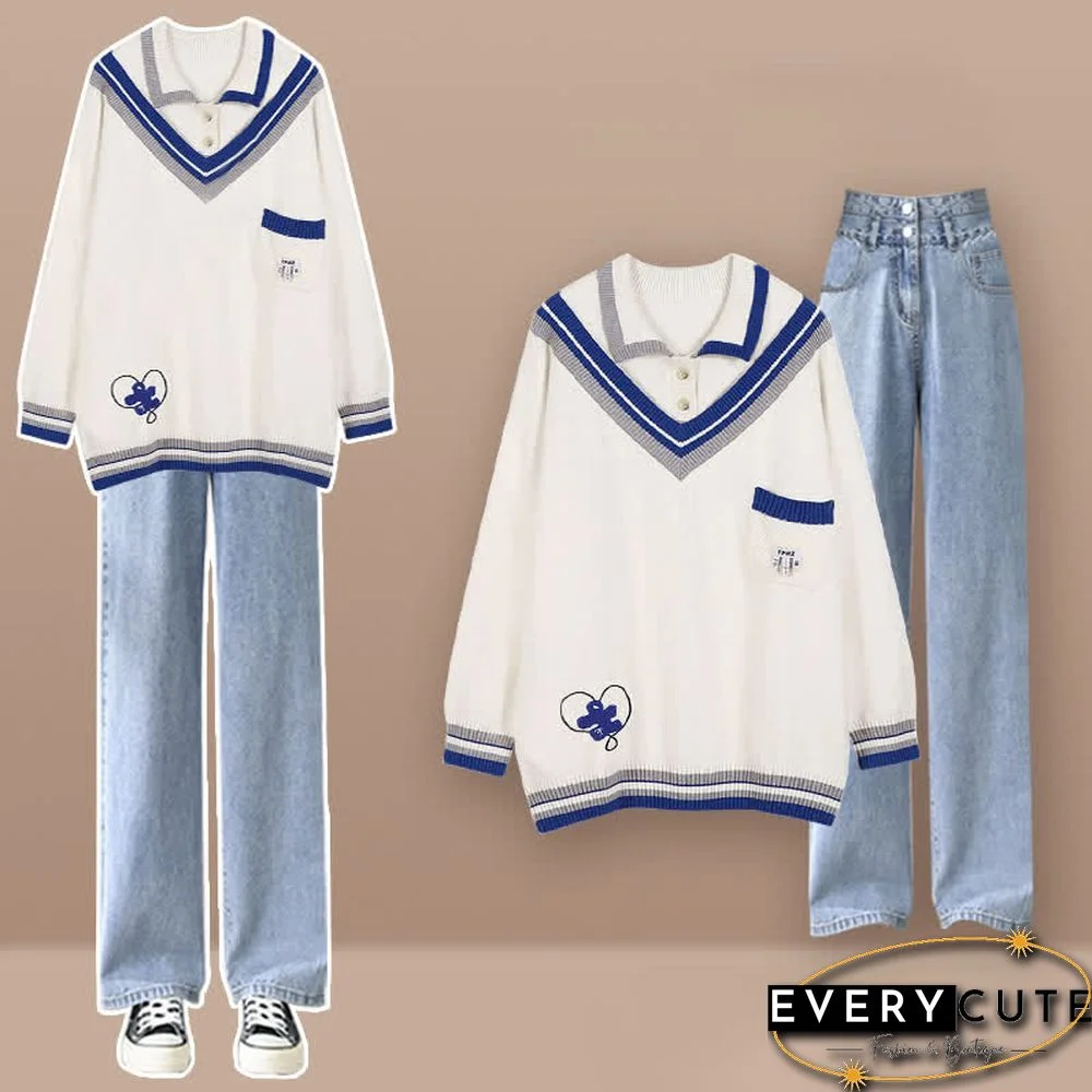 Colorblock Polo Knit Sweater Denim Pants Two Pieces Set