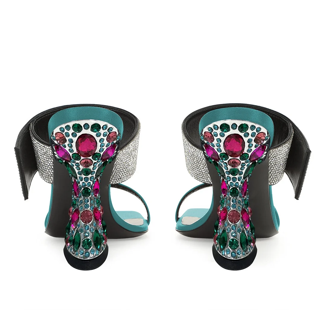 Turquoise Satin Rhinestone Embellished Mules with Sculptural Heel