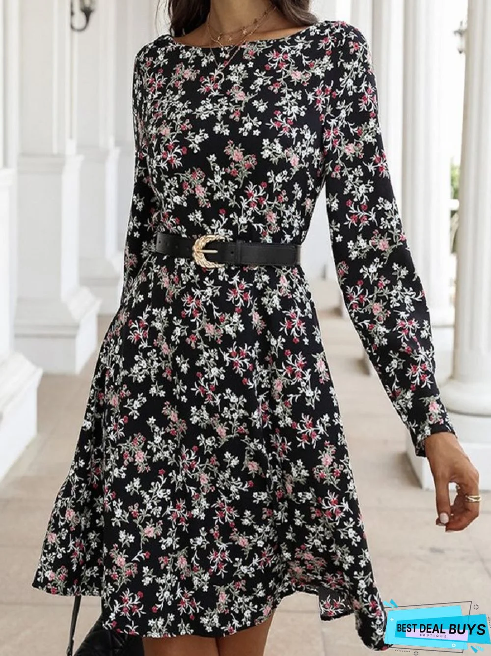 Temperament Commuter Word Collar Floral Dress Black Dresses