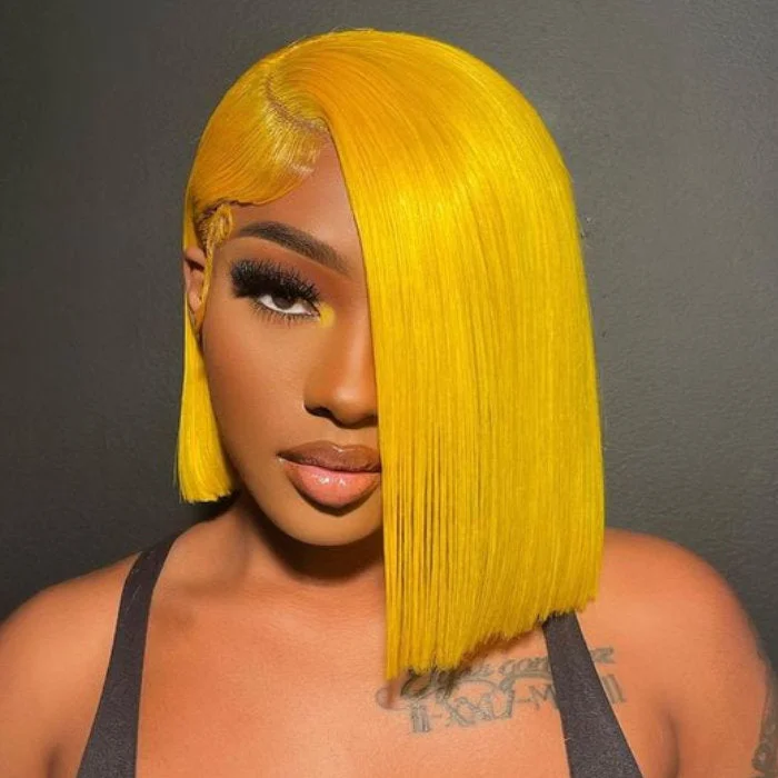 Shoulder Length Transparent Lace Bob Wig Lemon Yellow Color