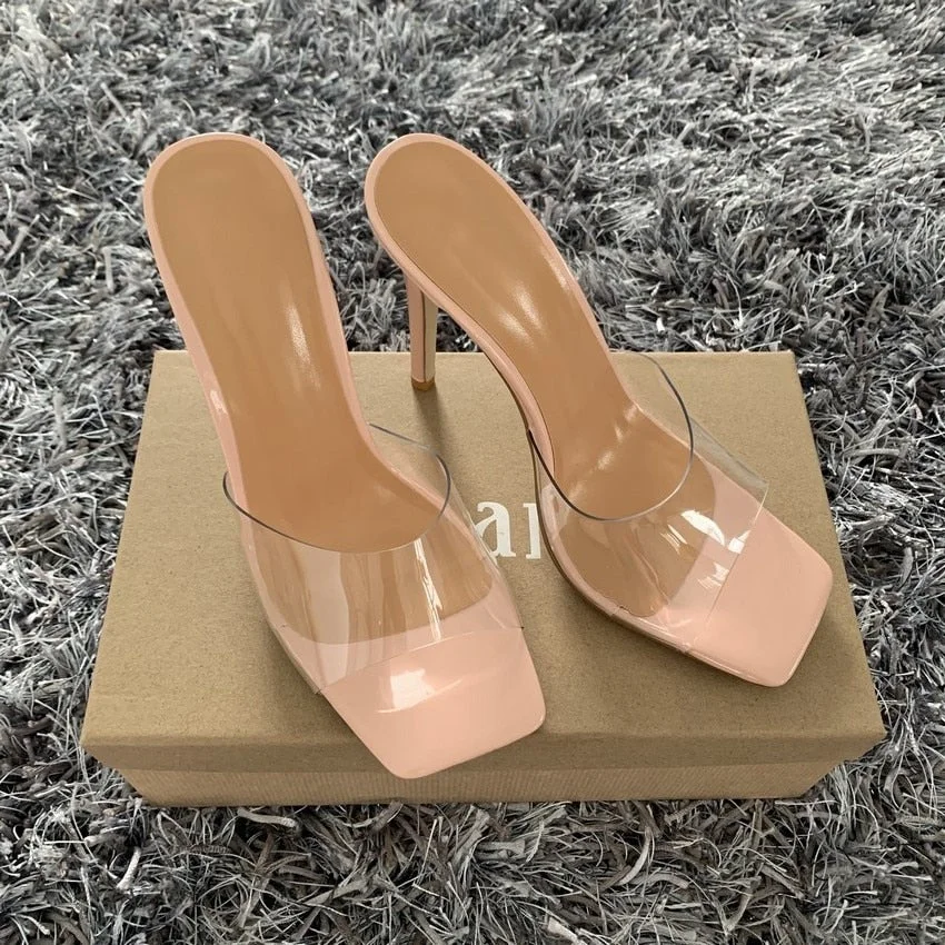 2020 Summer Pumps Sexy PVC Slippers Sandals Shoes Women Thin High Heels Open Toe Sandal Lady Pump Shoes Mules Size 35-42