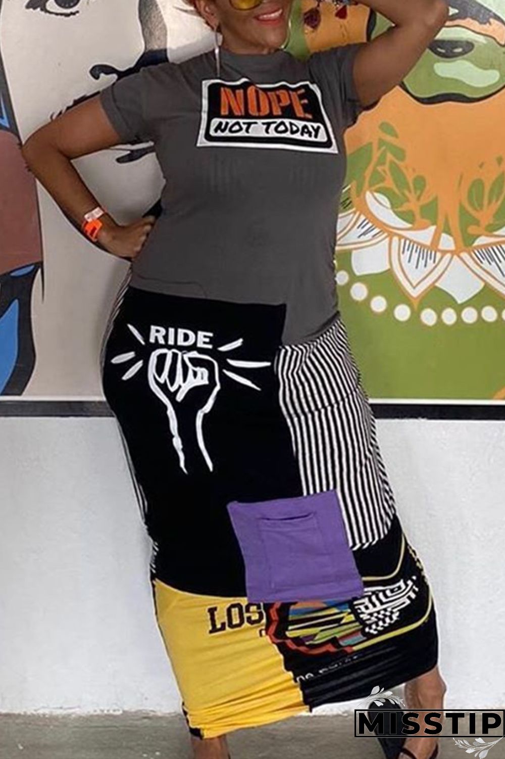 Grey Fashion Sexy Printed Short Sleeve Dress