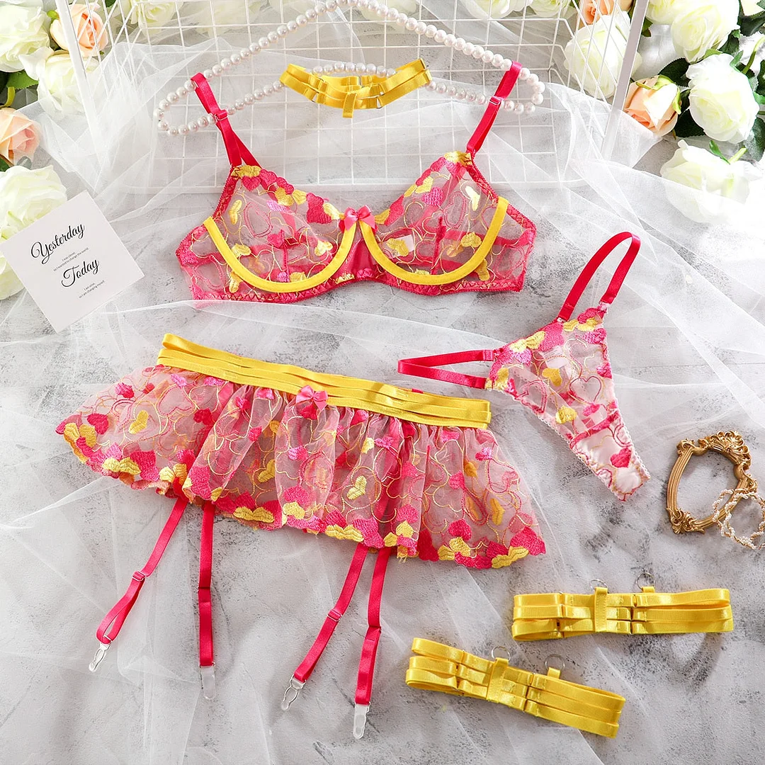 Yimunancy Lace Exotic Sets 3 Piece Girls Contrast Sweetheart Underwire Lingerie Embroidered Ruffle Garter Set