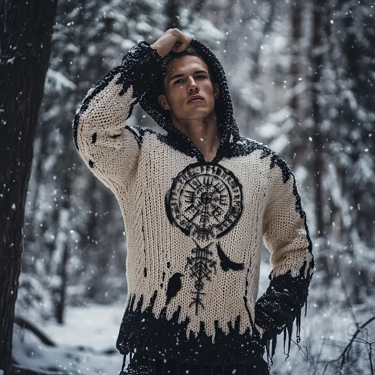 Men's Viking Tribal Eagle Jacquard Inspired Chunky Knit Hooded Sweater