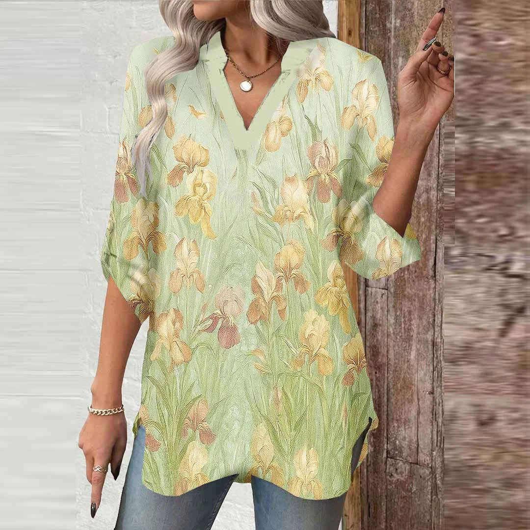 Women Floral, Yellow, Green DZGA0604 3/4 Sleeve V-neck Printed Graphic Button Tops