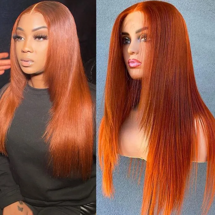 Framing Layered Cut Styled Burnt Orange 13x4 Lace Front Wig Bone Straight Human Hair
