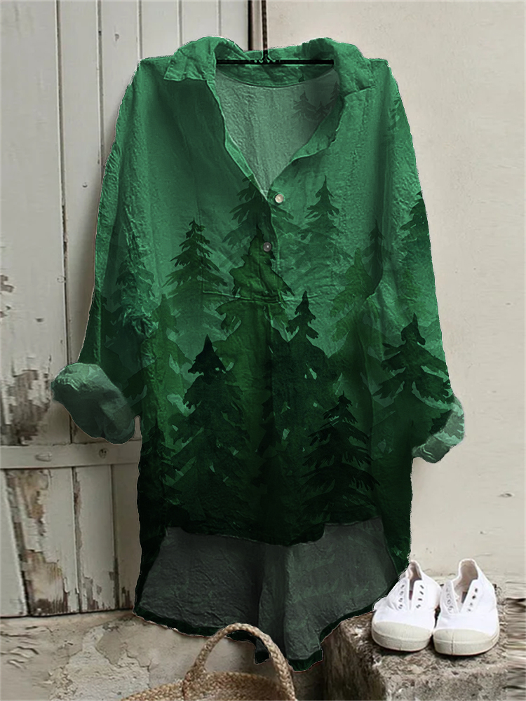 Comstylish Foggy Forest Watercolor Art Linen Blend High Low Tunic