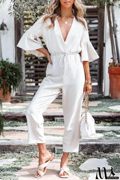 V Neck Flares Sleeve Drawstring Jumpsuits