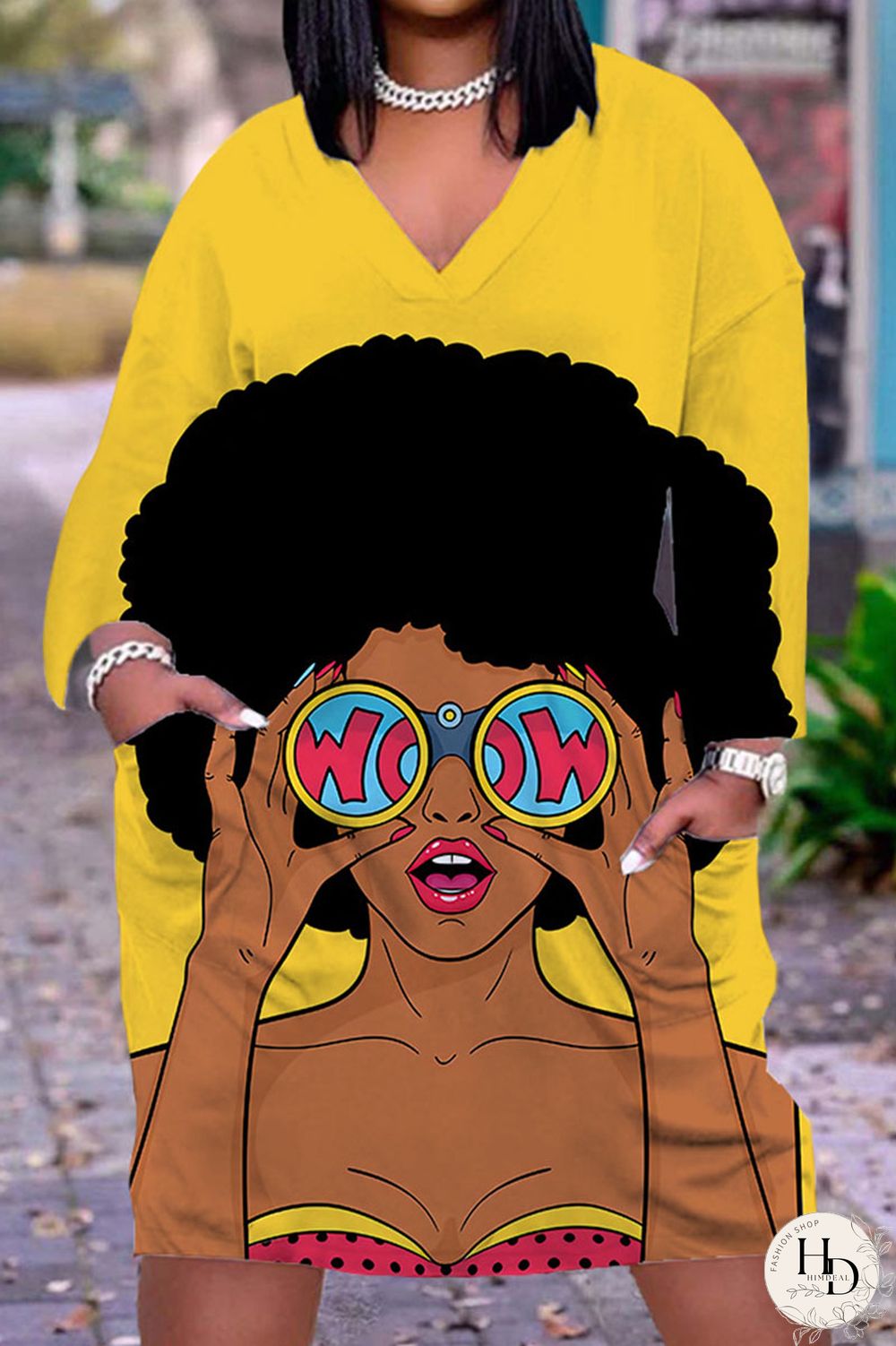 Yellow Brown Casual Print Patchwork V Neck Straight Dresses