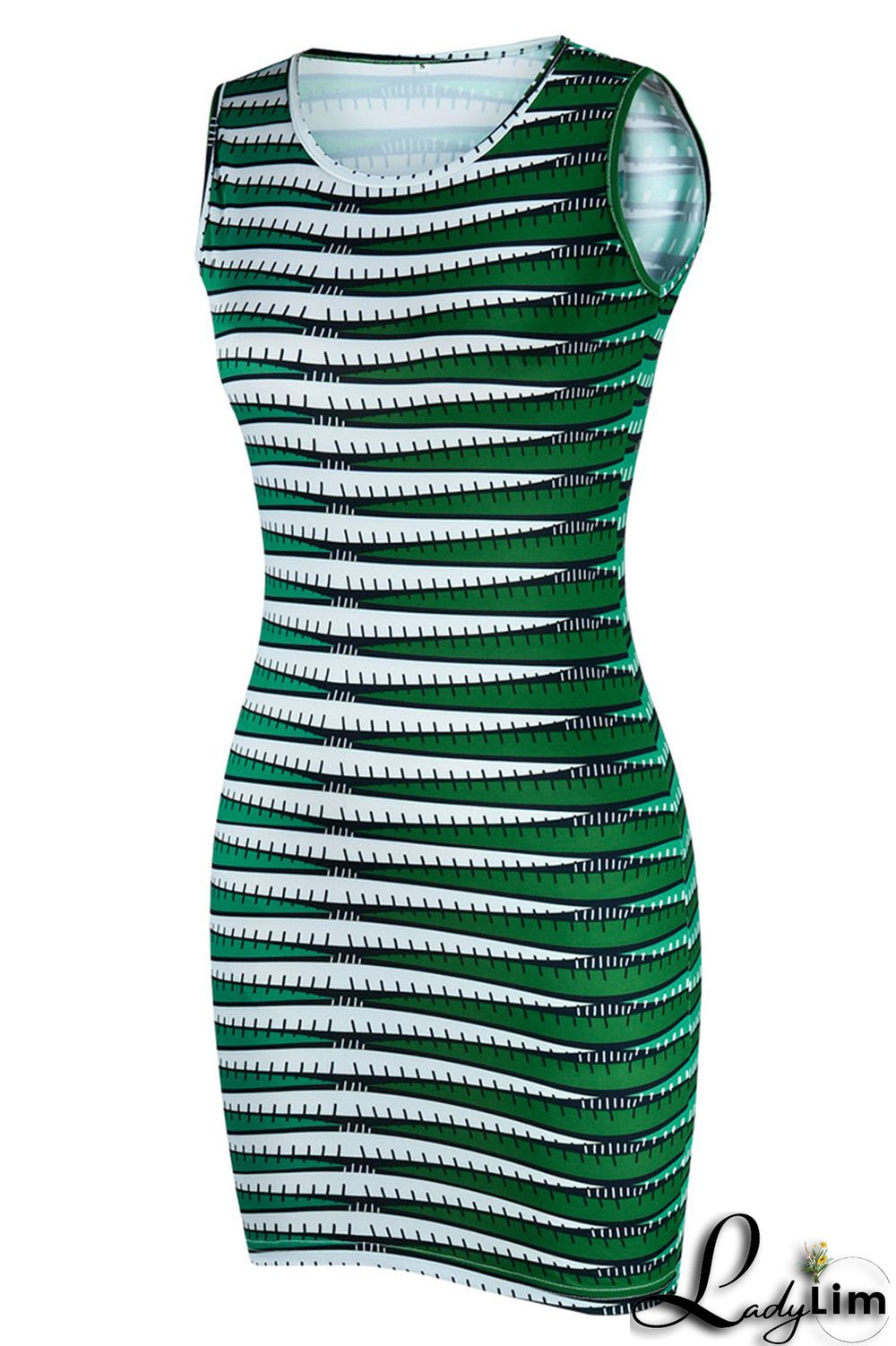 Green Casual Print Patchwork O Neck Pencil Skirt Dresses