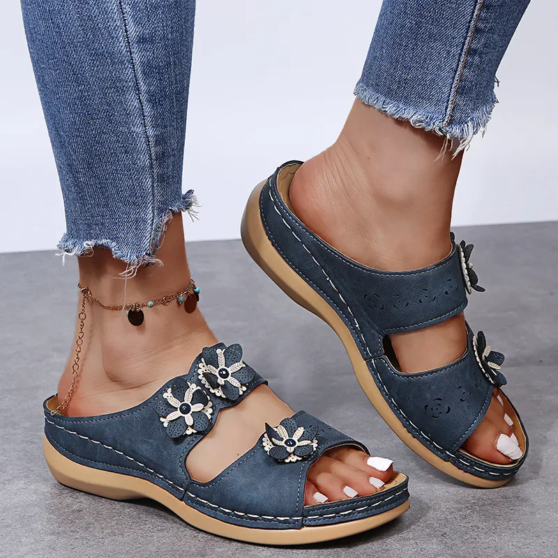 Breakj Breakj Summer New Thick-Bottomed Slippers Car Sewing Round Head Flowers Decorated Casual Slippers Women's Shoes Thick Soles