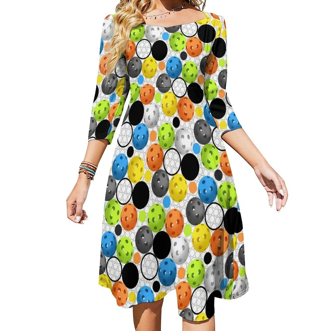 Orange Multi Color Pickleball Dress Sweetheart Tie Back Flared 3/4 Sleeve Midi Dresses