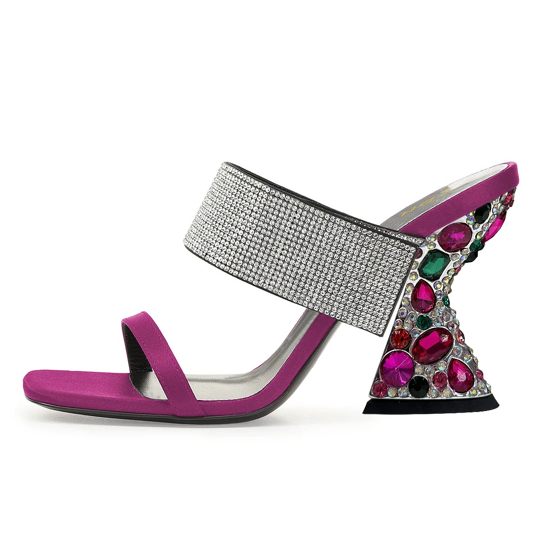 Satin Colorful Rhinestone Embellished Decorative Heel Mules in Fuchsia
