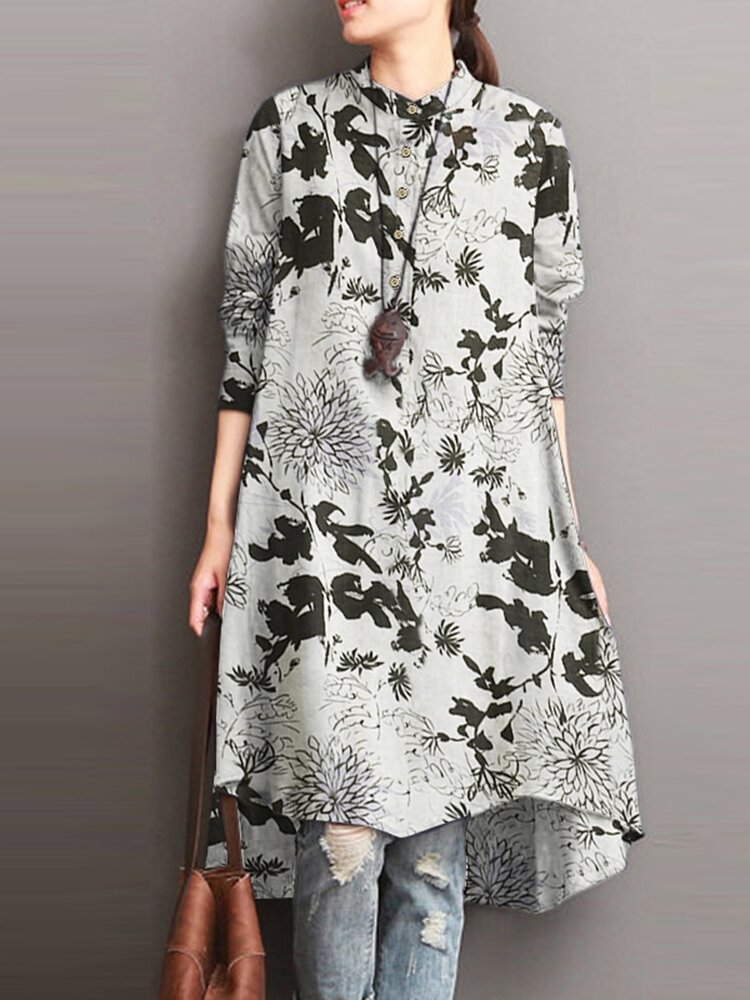 Plants Print Button Long Sleeve Stand Collar High-low Vintage Dress