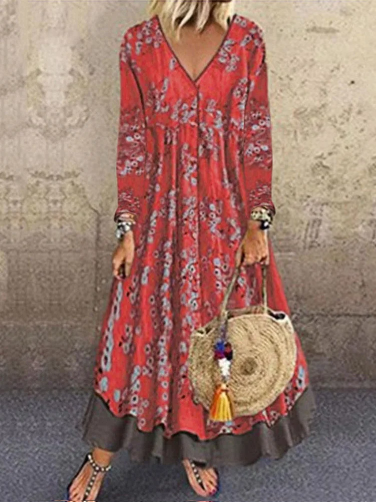 Women's 3/4 Sleeve V-neck Graphic Floral Printed Maxi Dress