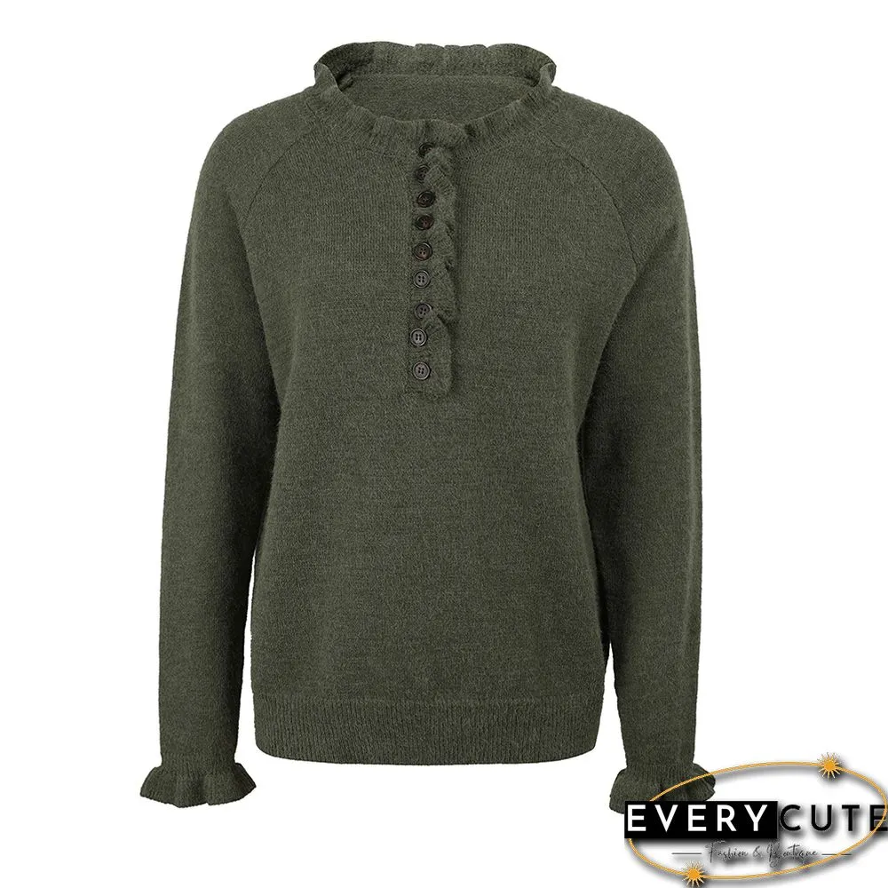 Green Ruffle Detail Crew Neck Long Sleeve Knitted Sweater