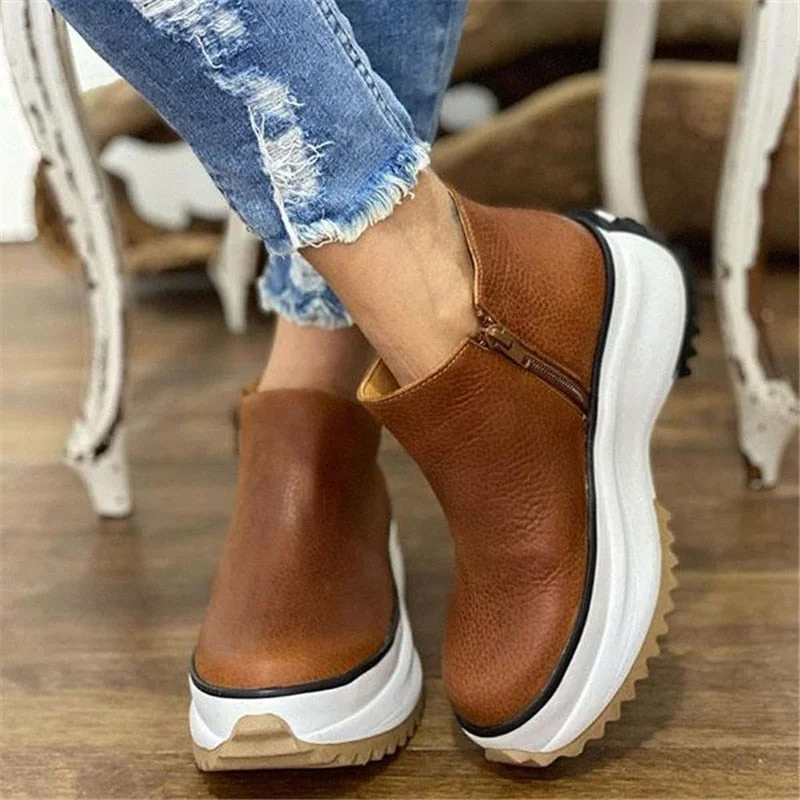 Women's Ankle Boots Casual Leather Round Toe Side Zipper Ladies Platform Shoes for Women Female Footwear Botas De Mujer