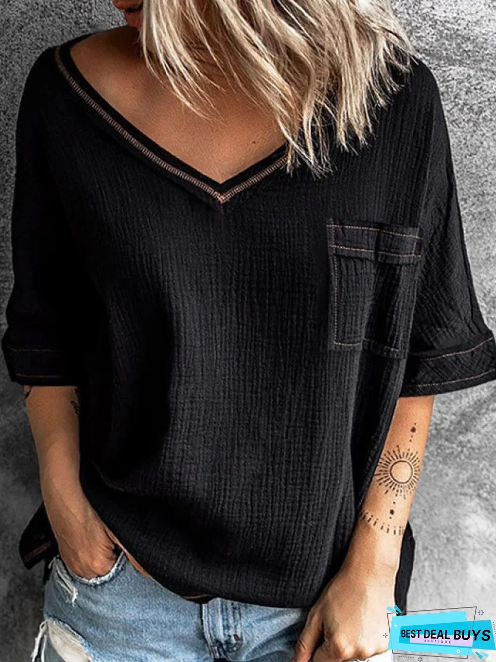 V-Neck Solid Color Loose Casual Short-Sleeved Blouse Linen