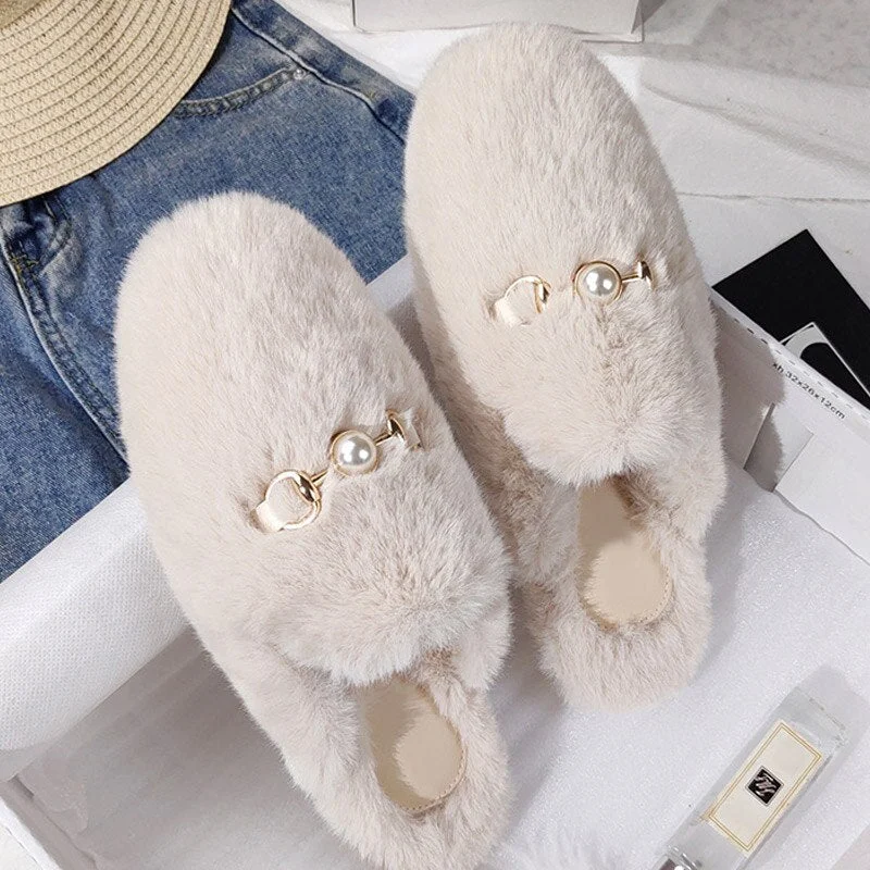 Women Mules Fur Slippers Home Winter Shoes Plush Female Fashion Warm Comfort Couple Flats Shoe Ladies Plus Size Elegant Luxury
