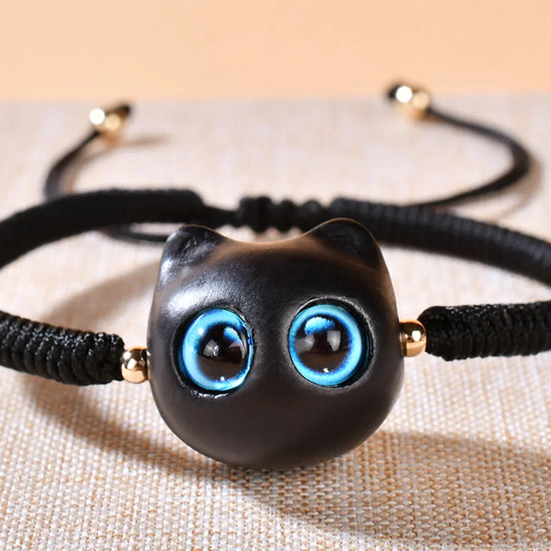 Ebony Wood Cat Head Pattern Peace King Kong Knot Braided Bracelet