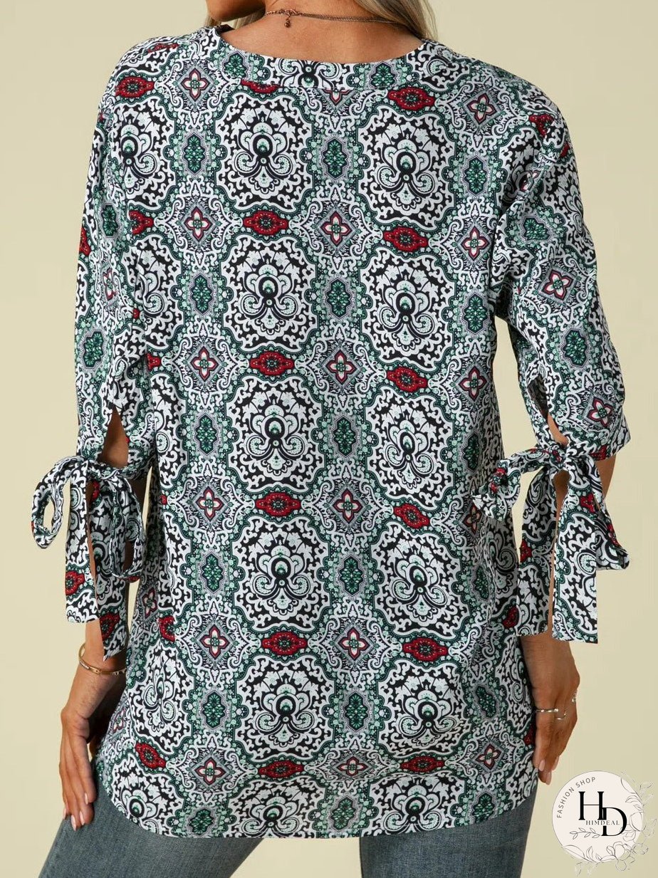 Blouses Printed Stand Collar Mid-Sleeves Knotted Blouse for Women