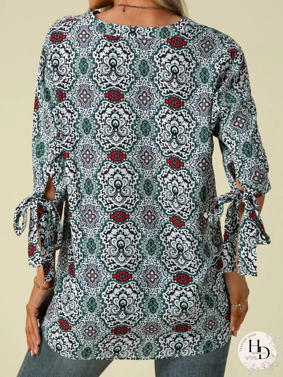 Blouses Printed Stand Collar Mid-Sleeves Knotted Blouse for Women