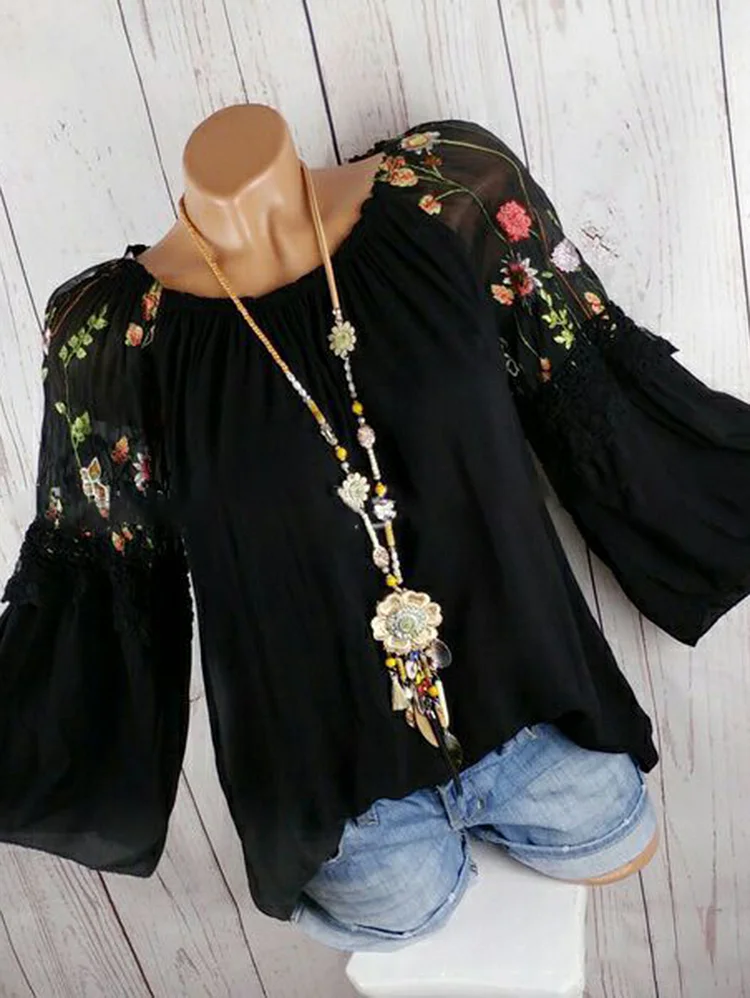 Crew Neck Flare Sleeve Floral Embroidery Blouses