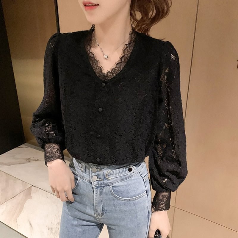 Plus Size 4XL New Lace Blouse Women Korean Hollow Out V Neck Long Sleeve Shirt Ladies Spring Crochet Lace Solid Tops Blusa 13356