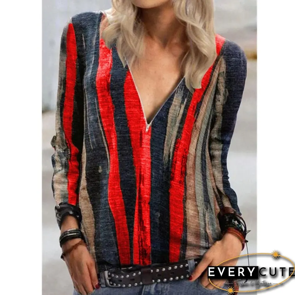 Womens Fashion Casual Zipper Long Sleeve Blouse Ladies Female Printing Loose Shirt Plus