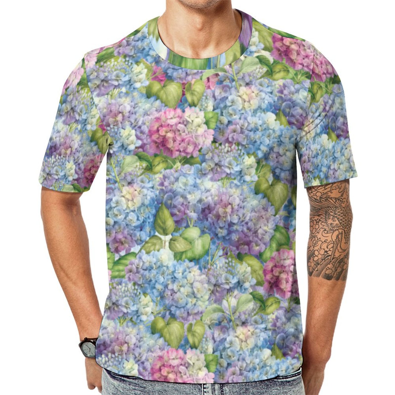 Chic Blue Lavender Hydrangea Floral  Short Sleeve Print Unisex Tshirt Summer Casual Tees for Men and Women Coolcoshirts