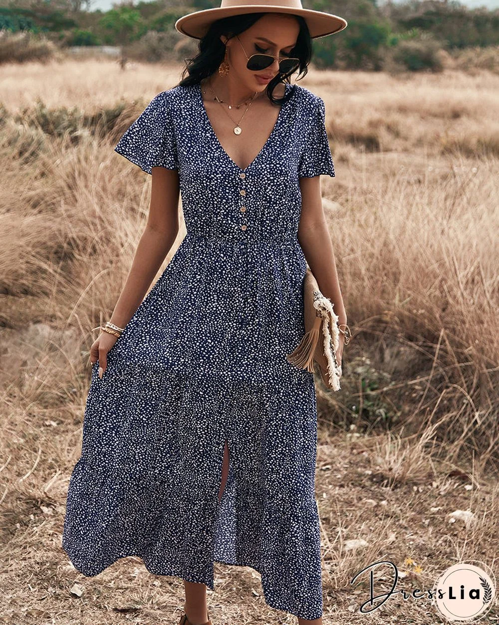 Polka Dot V Neck Side Split Button Up Midi Dress