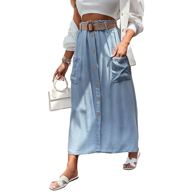 Women's Casual Loose High-waisted Denim Long Skirt 2025 Spring Solid Color Versatile Button Skirt