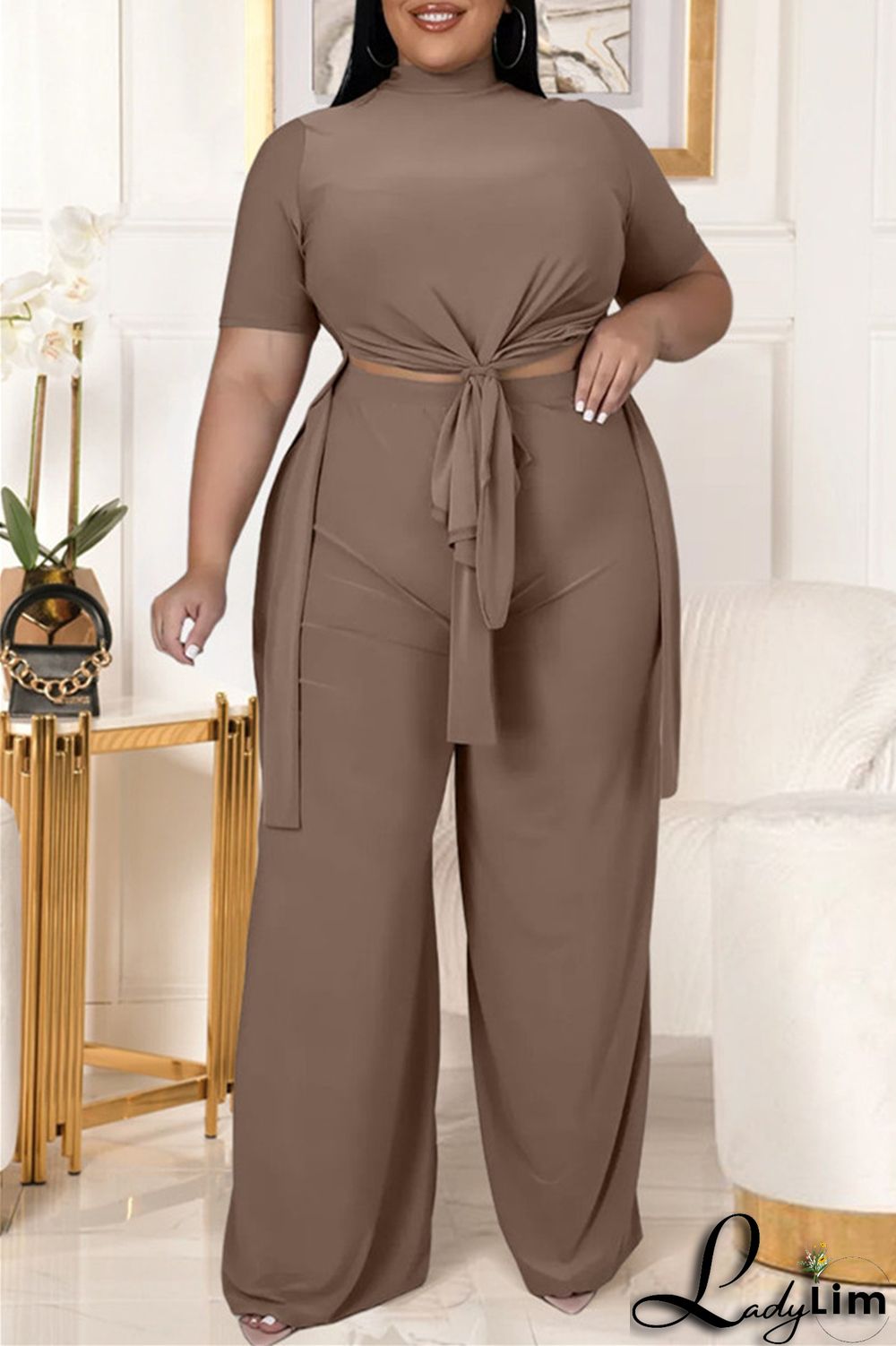 Black Fashion Casual Solid Bandage Slit Turtleneck Plus Size Two Pieces