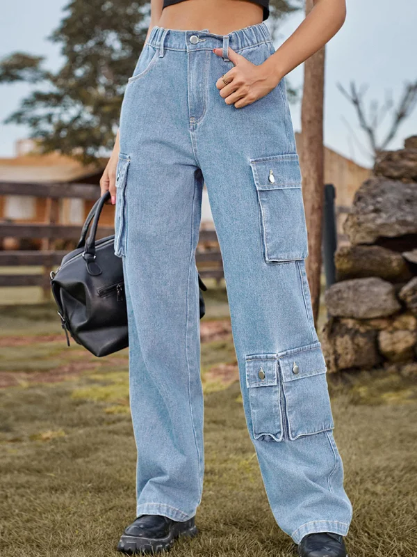 New style denim washed multi-pocket overalls trousers casual trousers Flusfy