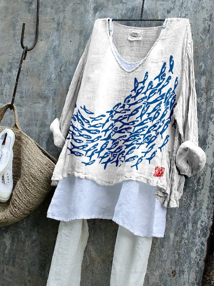 Comstylish Fish Japanese Art Linen Blend Cozy Flowy Tunic