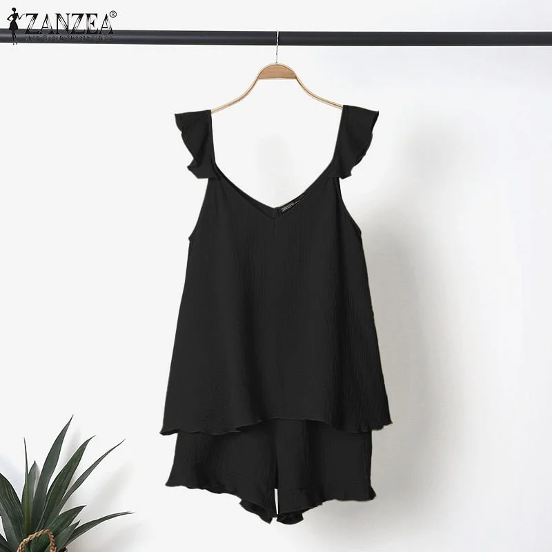 2pcs Women Sets ZANZEA Summer Bohemian Short Sets Solid Cotton Homewear Outifits Sexy Sleeveless Tanks Tops Beach Matching Sets