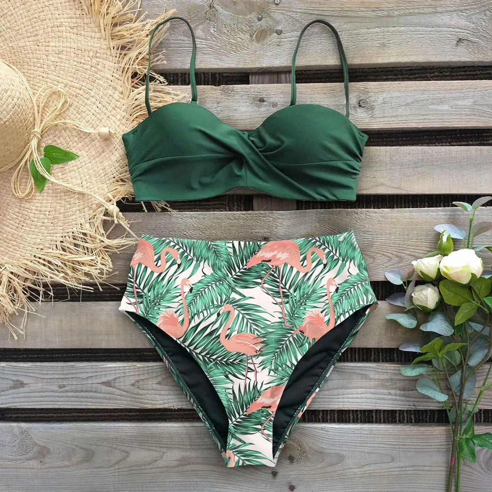 2022 Sexy Leaf Print Bikini Female Swimsuit Women Swimwear Thong Push Up Bikinis Set High Waist Swimming Suits for Bathing Suit