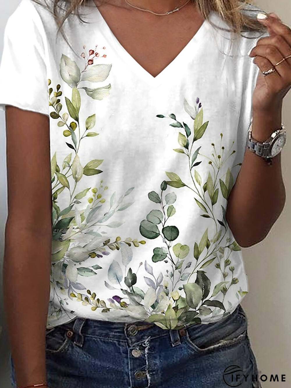 Leaves V neck Casual Short Sleeve T-Shirt | IFYHOME