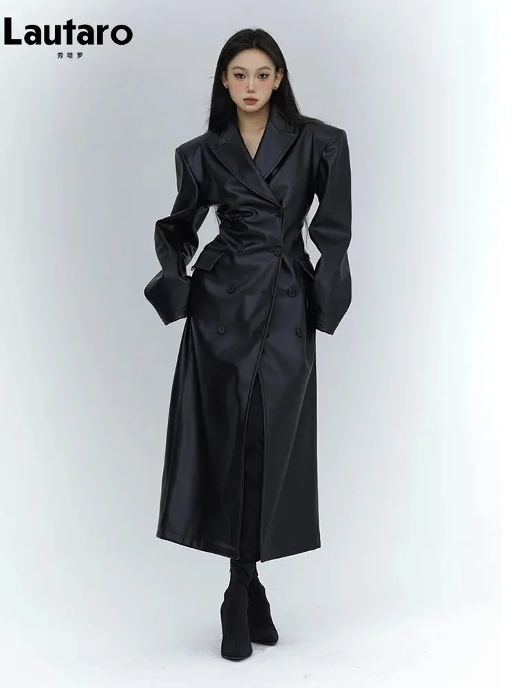 Huiketi Spring Autumn Long Black Fitted Soft Pu Leather Trench Coat for Women with Shoulder Pads Luxury Designer Clothing 2023