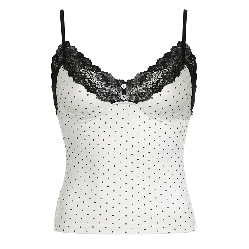 Ueong Girl Feeling Lace Splicing Small Sexy V-Neck Body Wave Point Sling Vest 2024 Spring / Summer New Style