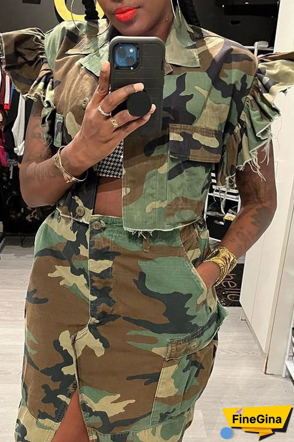 Camouflage Street Camouflage Print Patchwork Buckle Turndown Collar Tops